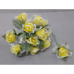 12 roses givrées déco dragées en toile de jute jaune