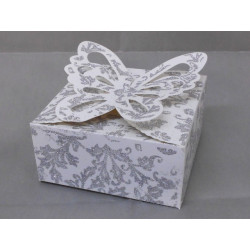 25 boîtes à gâteau carrées papillon motifs paillettes blanc