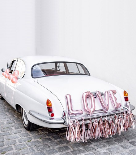 Kit décoration voiture mariage love pompons rose doré