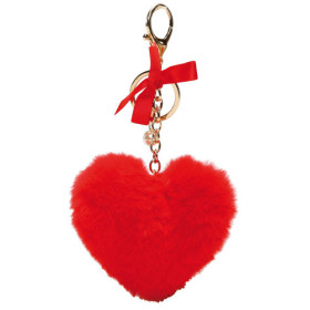 Porte-clés mariage coeur rouge/blanc pompon tissu