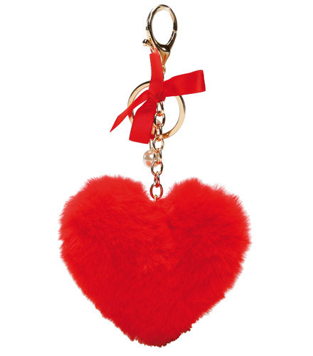 Porte-clés mariage coeur rouge/blanc pompon tissu