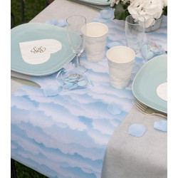 Chemin de table baptême nuage tissu rose/bleu