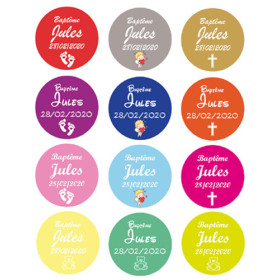 30 étiquettes personnalisées autocollantes baptême rondes colorées