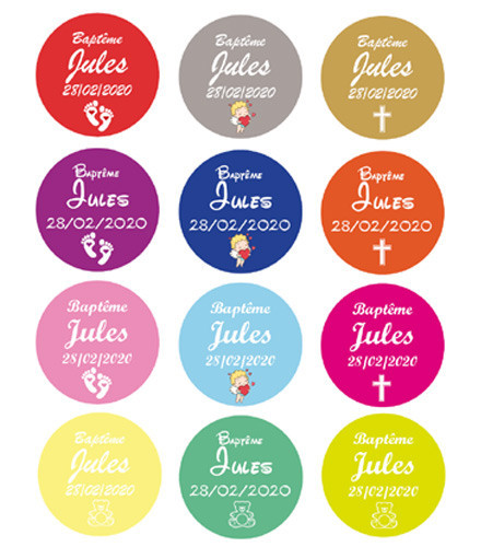 24 étiquettes personnalisées autocollantes baptême colorées