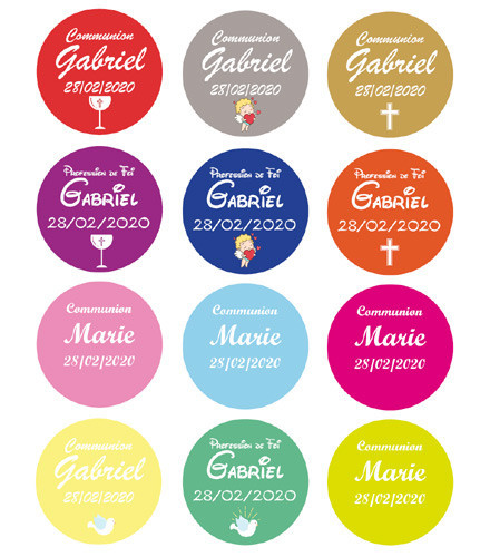24 étiquettes personnalisées autocollantes Communion colorées