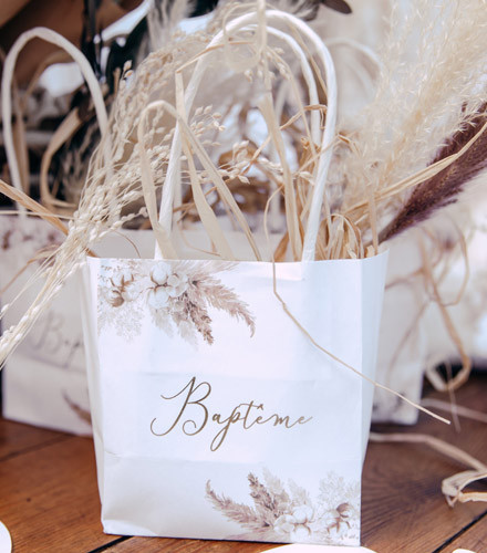 6 sacs à dragées baptême fleur de coton papier