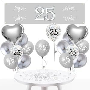 Décoration d'anniversaire 25 ans, ballons argentés pour célébration, 25 ans de mariage homme femme