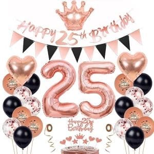 Déco anniversaire 25 ans femme, ballon or rose et noir, topper gâteau 25 ans, accessoires festifs