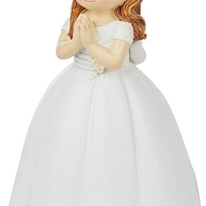 Figurine de communion fille en robe longue avec couronne de fleurs, polyrésine, 9,5 x 10,5 x 16,5 cm