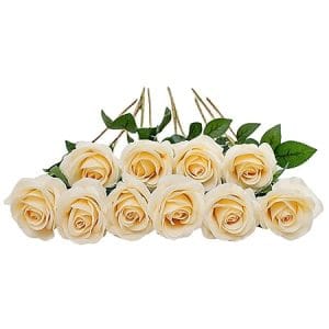Lot de 10 roses artificielles en soie avec longues tiges pour décoration de mariage, baptême et communion