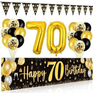 Décoration d'anniversaire 70 ans noir et or - Banderole, ballons, bannière et toile fond photo