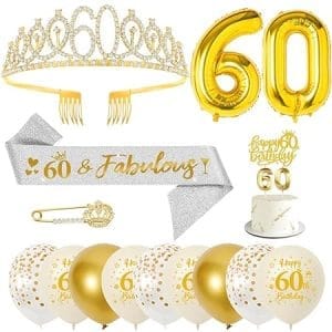 Écharpe et couronne d'anniversaire 60 ans femme, ballon chiffre or, bougies et gâteau topper décoratif