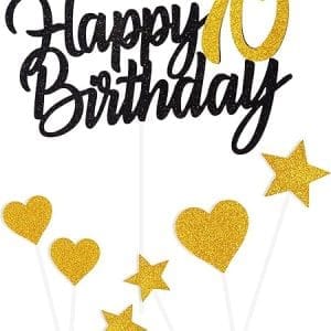 Décoration gâteau d'anniversaire 70 ans noir et or, topper joyeux anniversaire, coeurs et étoiles