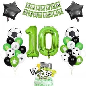 Décoration d'anniversaire pour garçon de 10 ans, ballons hélium football noir vert blanc, bannière joyeux anniversaire
