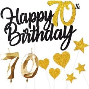 Décoration de gâteau anniversaire 70 ans noir et or, 9 pièces, avec bougies et topper scintillant