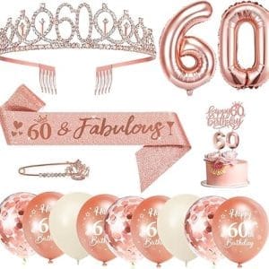 Écharpe et couronne d'anniversaire femme 60 ans, ballon chiffre or rose, bougies et topper gâteau décoratif