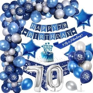 Décoration d'anniversaire 70 ans homme chrome bleu argent avec ballons, bannière et accessoires festifs