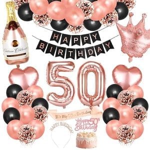 décoration d'anniversaire 50 ans femme, ballons rose or noir, banderole joyeux anniversaire, accessoires fête