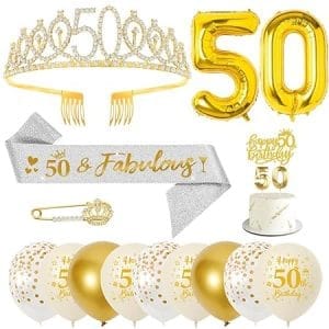 Echarpe et couronne anniversaire 50 ans femme, ballons or chiffre 50, bougies et topper de gâteau