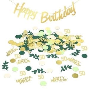 lot de 300 confettis d'anniversaire or vert - bannière happy birthday - décoration de table festive 50 ans