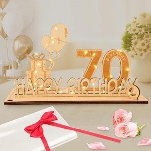 Carte d'anniversaire 70 ans avec décoration LED, nœud papillon et cadeau en bois pour homme et femme