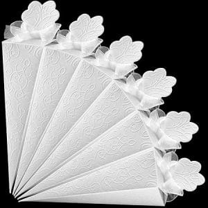 Lot de 60 cônes porte-dragées blancs avec rubans, idéal pour mariage, baptême et communion