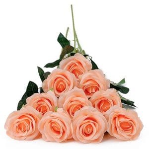 Lot de 10 roses artificielles en soie réalistes avec longues tiges pour déco de mariage et fêtes - pêche doux
