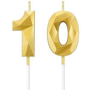 Bougie en forme de diamant pour 10e anniversaire - décoration de gâteau festive, or, célébration réussie