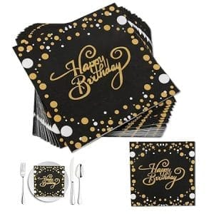 Serviettes en papier anniversaire noir et doré, 60 pièces, déco de table festive pour 60 ans
