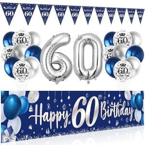 Décoration d'anniversaire 60 ans bleu et argent, ballon, banderole et toile de fond photo festive