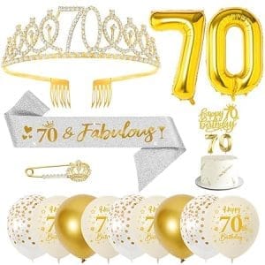 Echarpe et couronne 70 ans femme, ballon chiffre or, bougies et gâteau topper pour anniversaire 70e