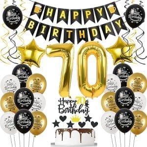 Décoration anniversaire 70 ans pour homme et femme, ballons noirs et or, accessoires de fête et gâteau