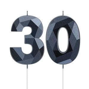Bougies anniversaire 30 ans en forme de diamant 3D - 2 pièces pour décoration de gâteau fête (noir)