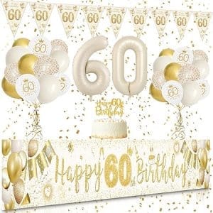 Décoration d'anniversaire 60 ans en blanc et or, banderole joyeux anniversaire, confettis et ballons inclus