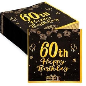 Lot de 60 serviettes jetables en papier noires et dorées pour anniversaire 60 ans, décoration festive élégante
