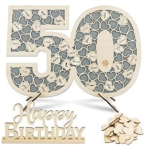 Livre d'or d'anniversaire en bois pour 50 ans avec cadre de signature et mini cœur en bois - décoration festive