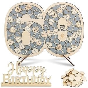 Livre d'or d'anniversaire en bois 60 ans avec cadre de signature et 91 mini cœurs décoratifs