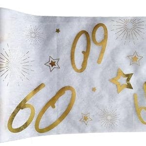Chemin de table doré pour anniversaire 60 ans – décoration chic blanc et or – rouleau brillant 31,5 x 500 cm