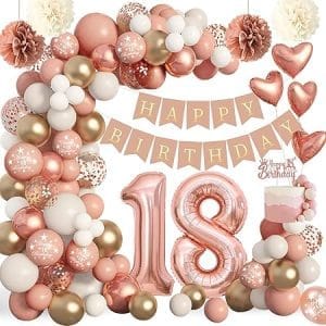 Décoration d'anniversaire 18 ans fille - ballon or rose, arche et bannière joyeux anniversaire