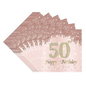 Serviettes en papier rose or pour anniversaire 50 ans, 40 pièces, décoration élégante et jetable