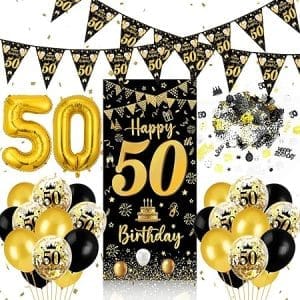 Décoration d'anniversaire 50 ans pour homme et femme, banderole, ballons et confettis noir et or
