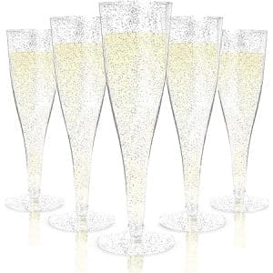 Flûtes à champagne en plastique paillettes argent 150ml, 54 pièces réutilisables pour anniversaires et fêtes