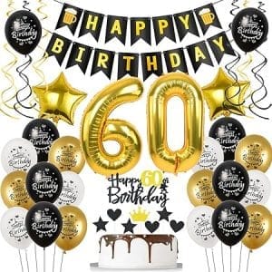 Décoration anniversaire 60 ans pour homme et femme, ensemble de ballons noir et or, gâteau festif