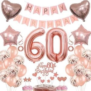 Décoration élégante pour le 60e anniversaire femme avec ballons et accessoires or rose