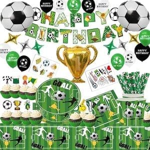 Décoration d'anniversaire football 144 pcs : assiettes, tasses, nappe et ballons pour une fête réussie