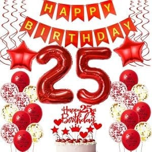 Décoration anniversaire 25 ans femme en rouge avec ballons et accessoires pour une fête inoubliable