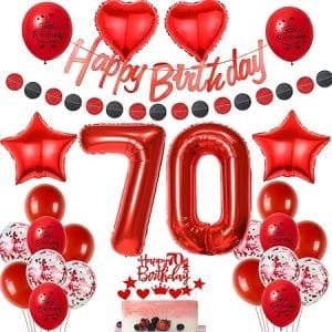 Décoration d'anniversaire 70 ans femme en rouge, ballon et accessoire gâteau pour célébration festive