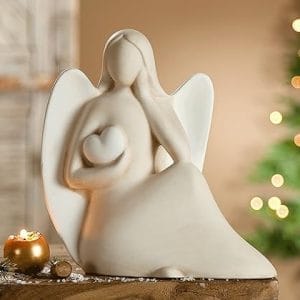 Figurine d'ange décorative avec coeur en céramique - cadre de baptême, communion et mariage - 27 cm crème blanc