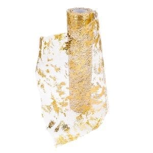 Chemin de table filet avec feuilles d'or 28cm x 10m, décoration polyester pour anniversaires et mariages