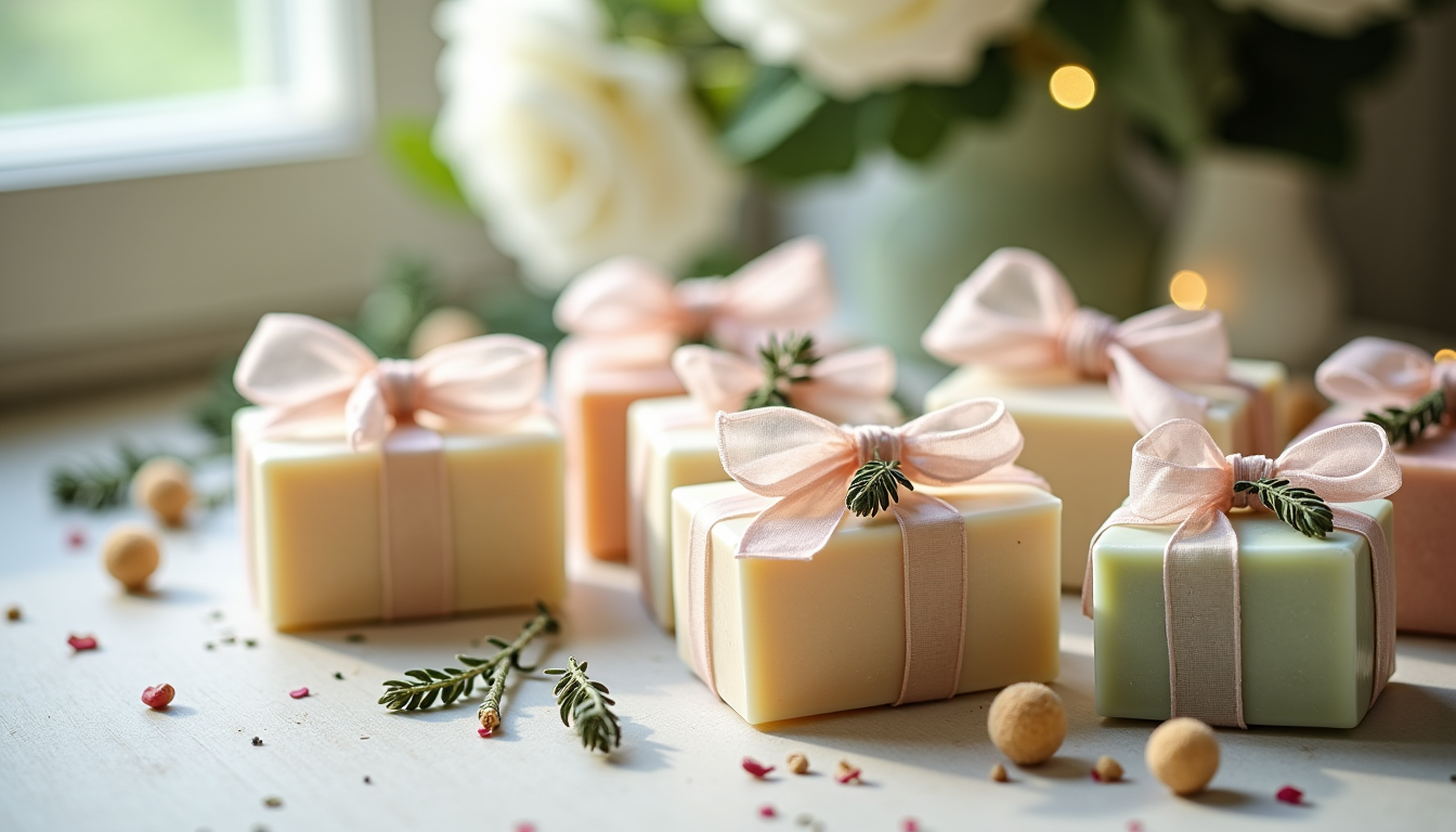 Illustration : des savons fabriqués à la main, à base — 15 idées originales de cadeaux d'invités pour un mariage inoubliable